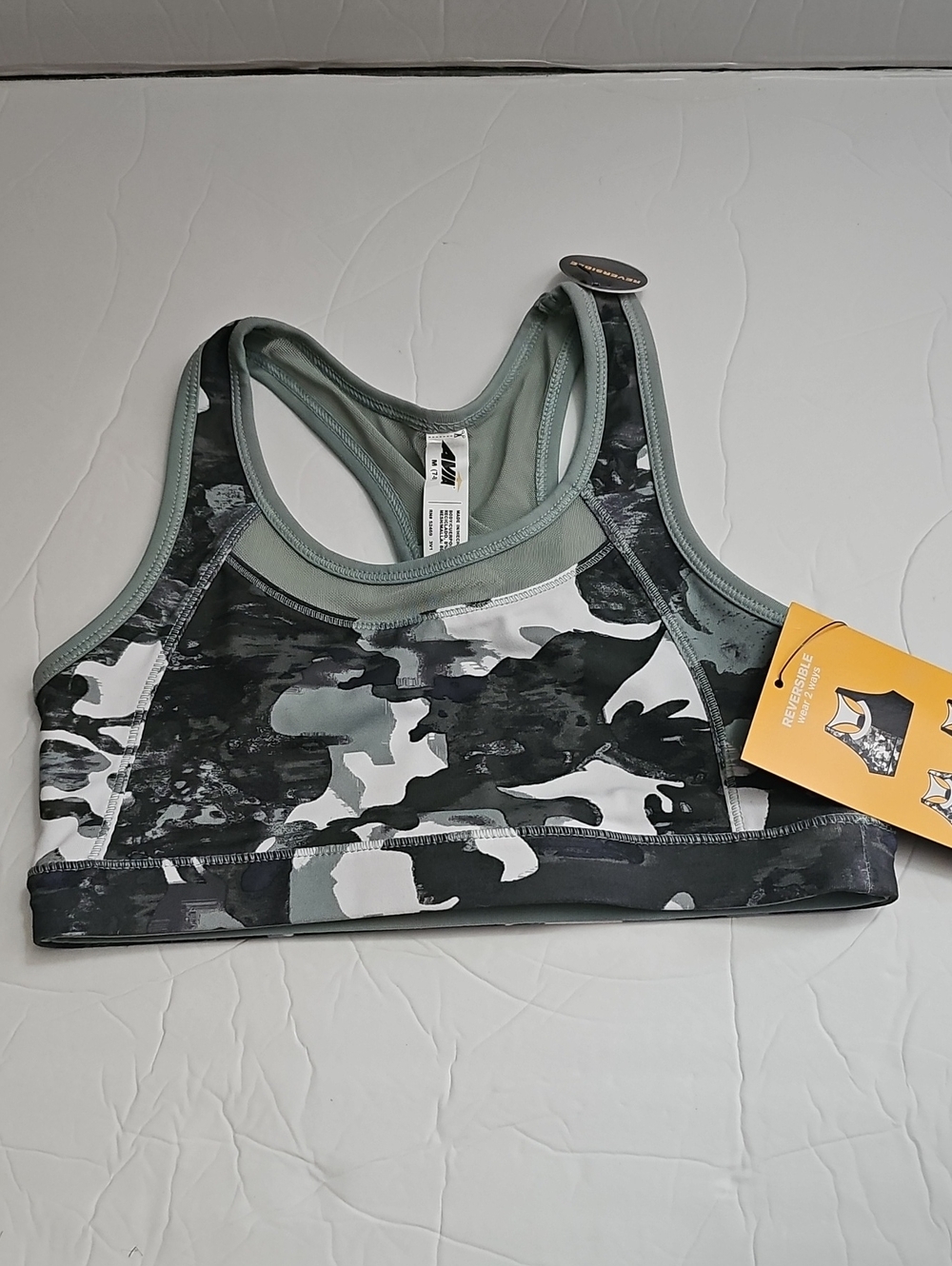 AVIA Camo Racerback Sports Bra - Green, Black, White